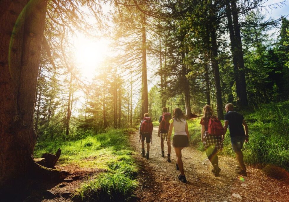 group of hikers at one with nature